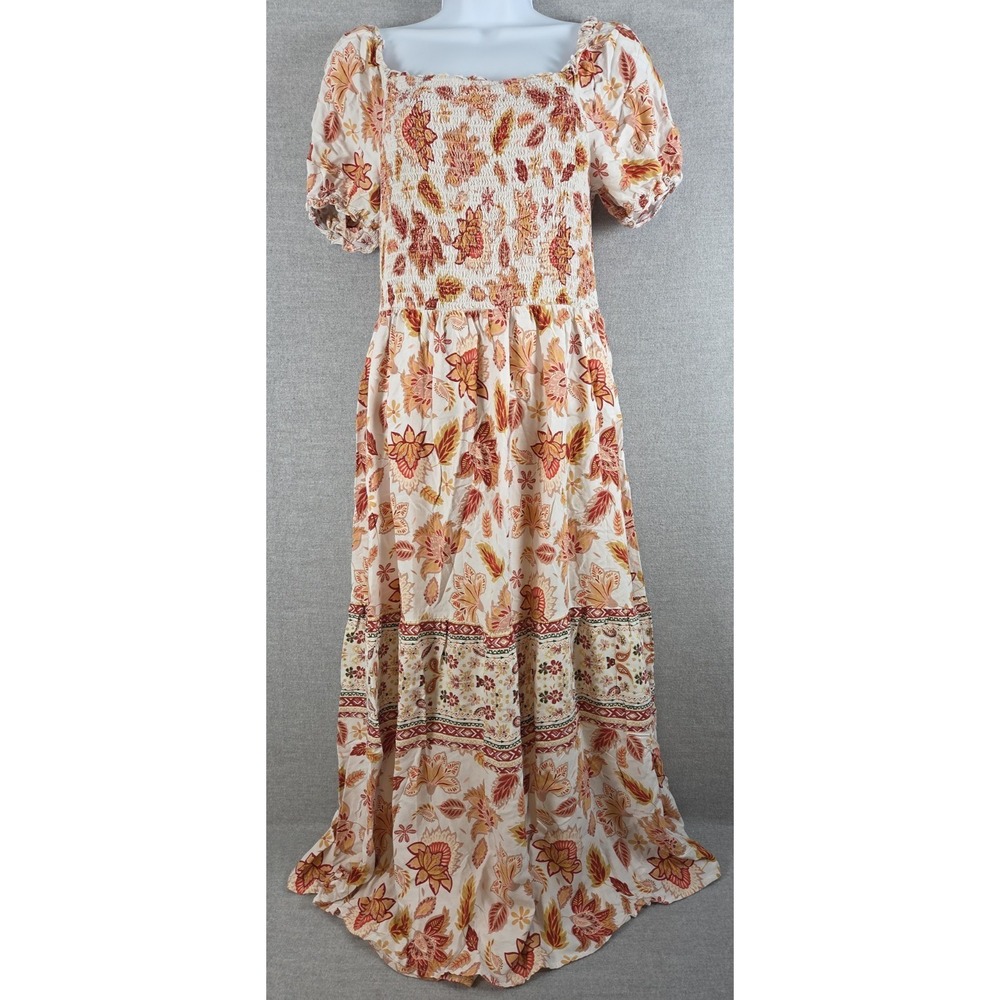 Zesica L Peasant Maxi Dress rust flowers smocked short puff sleeve Long Boho